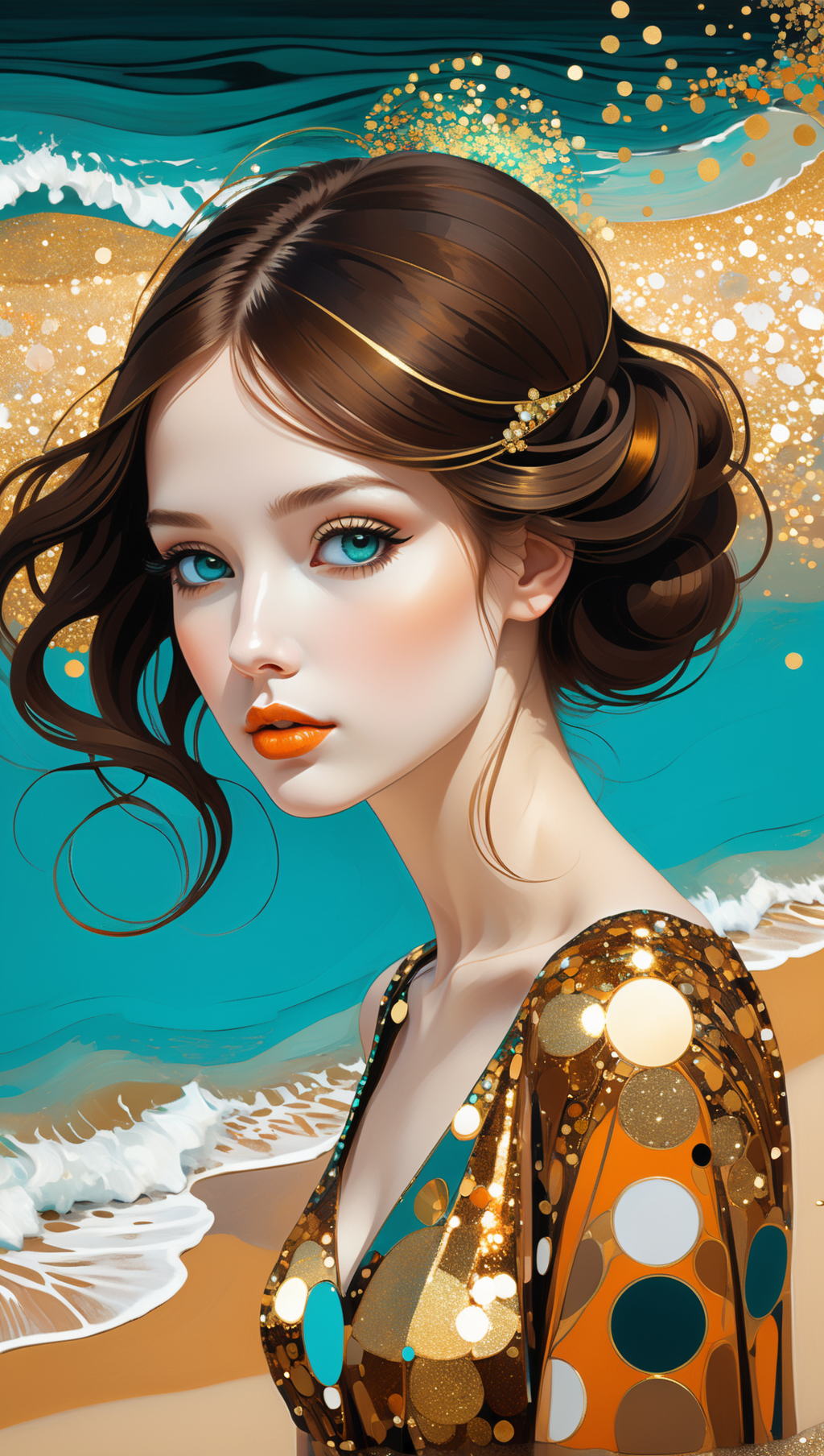 00503-2736377021-A beautiful girl on a beach, simple drawing, abstract illustration in style of Gustav Klimt, a touch of black and teal, sparkly,.png